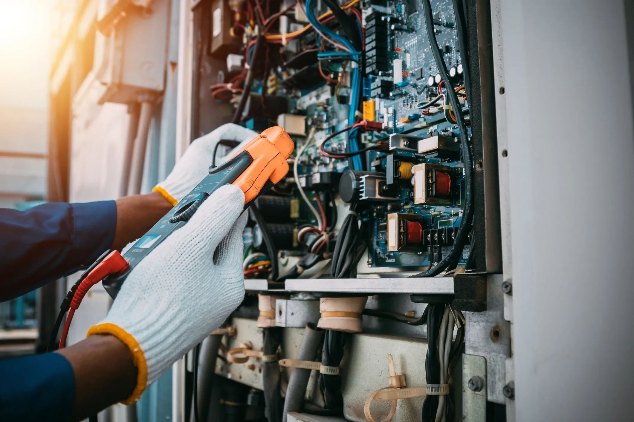 Electrician testing circuit breaker panel with multimeter